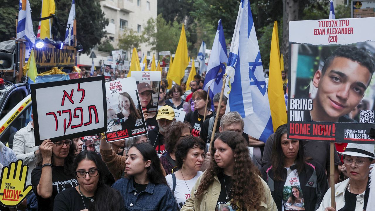 Protesters march towards Israeli Prime Minister Benjamin Netanyahu's private residence, to mark one year since the deadly October 7 attack by Hamas, in Jerusalem, October 7.