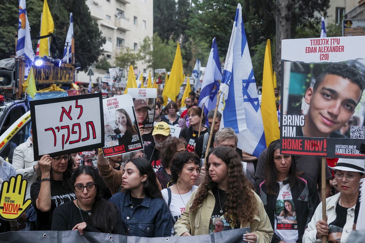 Protesters march towards Israeli Prime Minister Benjamin Netanyahu's private residence, to mark one year since the deadly October 7 attack by Hamas, in Jerusalem, October 7.