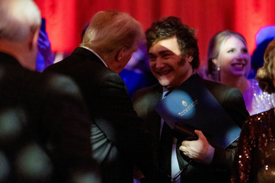 President-elect Donald Trump shakes hands with Argentine President Javier Milei at the America First Policy Institute (AFPI) gala at Mar-A-Lago in Palm Beach, Florida, in November 2024.