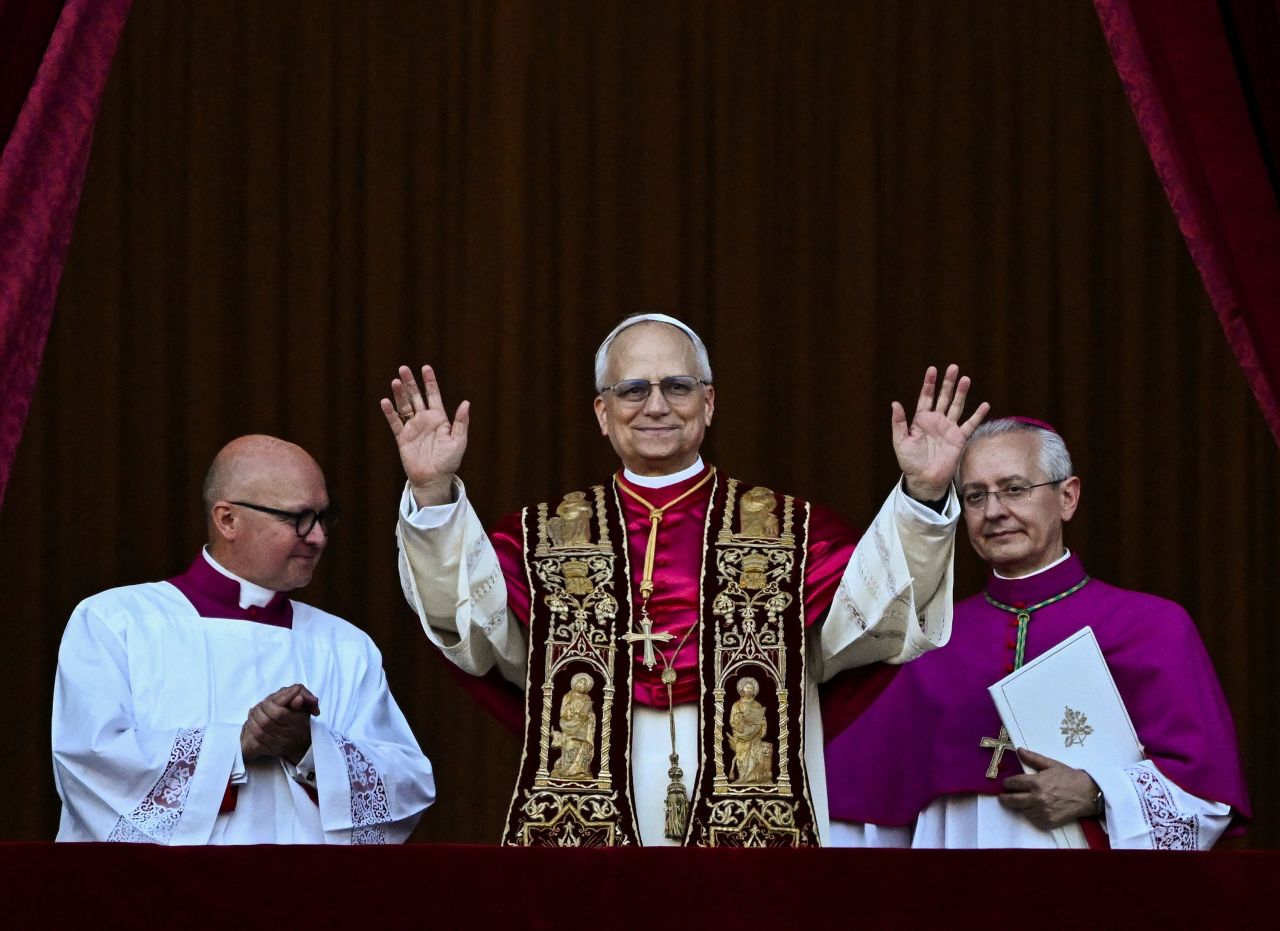 Newly elected Pope Leo XIV appears on the balcony of St. Peter's Basilica.