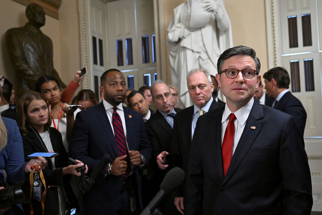 Speaker of the House Mike Johnson speaks to the press on Capitol Hill on Wednesday.