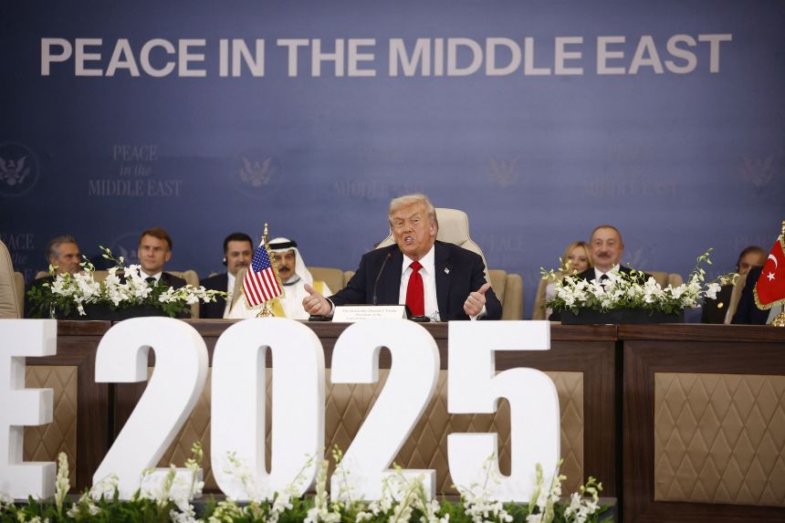 US President Donald Trump speaks during the official signing of the first phase of the Gaza ceasefire agreement between Israel and Hamas, in Sharm El-Sheikh, Egypt, on October 13, 2025.
