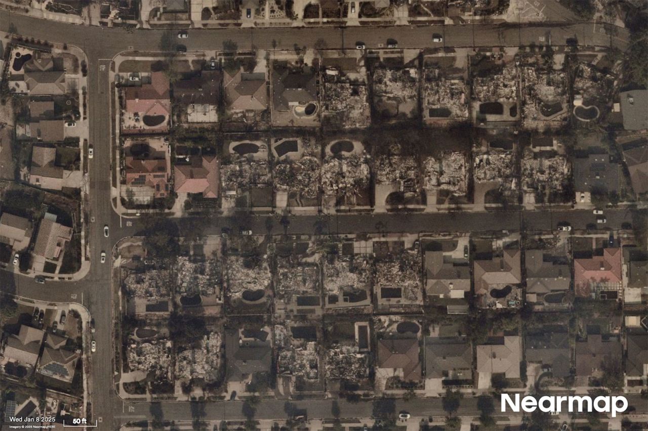 The same Pasadena neighborhood is seen on January 8 after the Eaton Fire swept through.