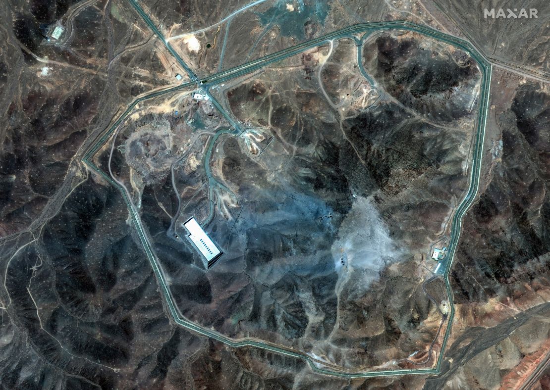 This satellite image shows the Fordow enrichment facility in Iran on Sunday after the US strikes. Editors’ note: The satellite photo above was rotated by Maxar Technologies, the source of the image, to show the original orientation of the moment the image was taken.