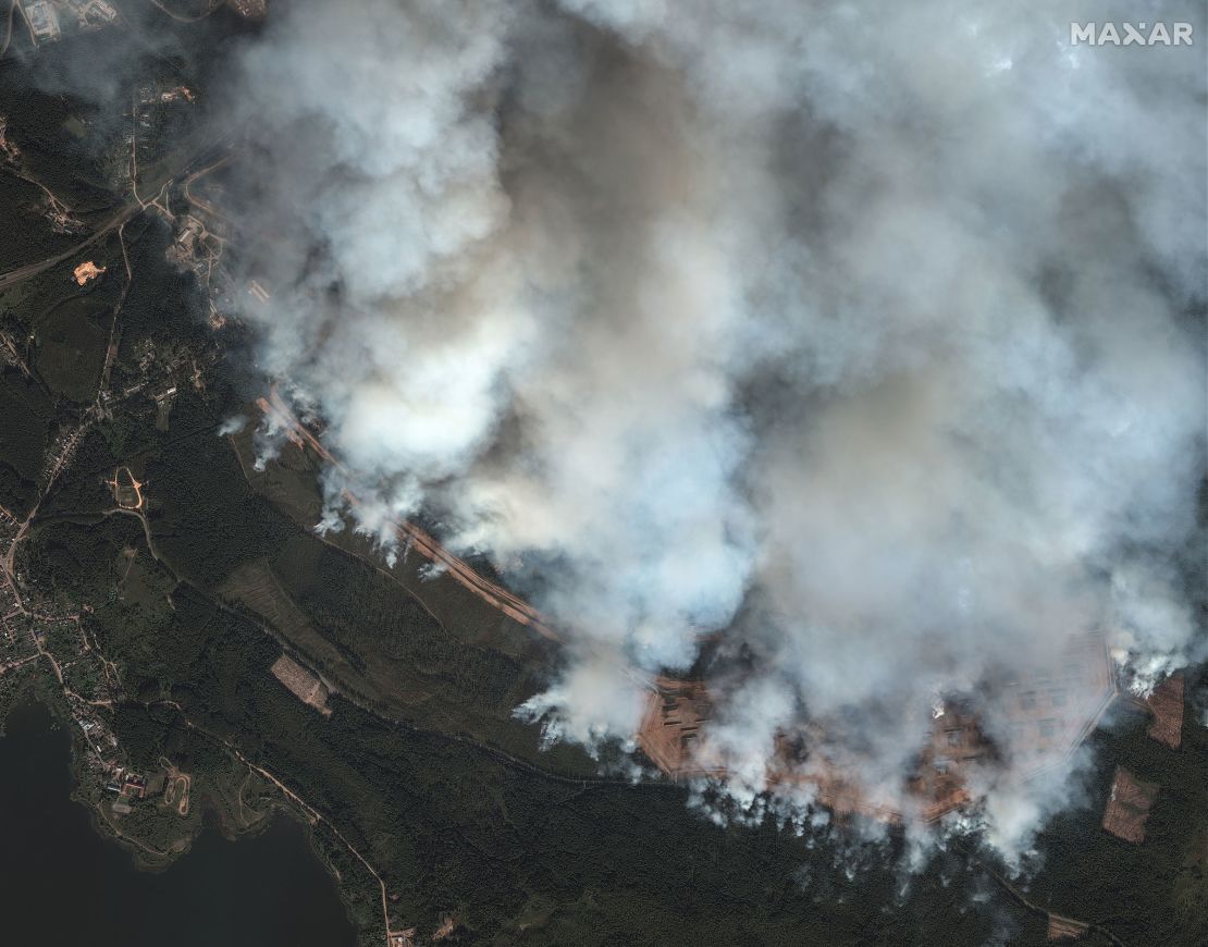 A satellite image shows smoke rising from multiple explosions at the ammunition depot in Toropets, Tver region, Russia, on September 18, 2024.