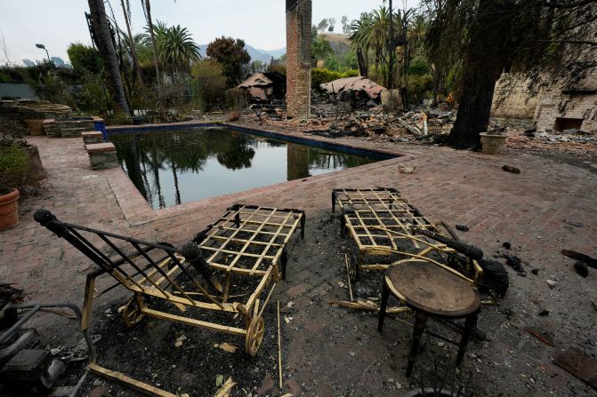 Burned outdoor furniture is left behind on a property in Malibu on Wednesday.