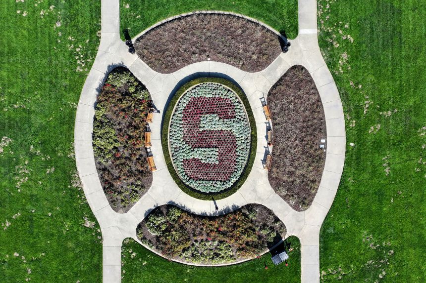 The Stanford Cardinal logo in the rose flowerbeds at the Oval lawn at Stanford University campus in Stanford, California, on December 11, 2024.