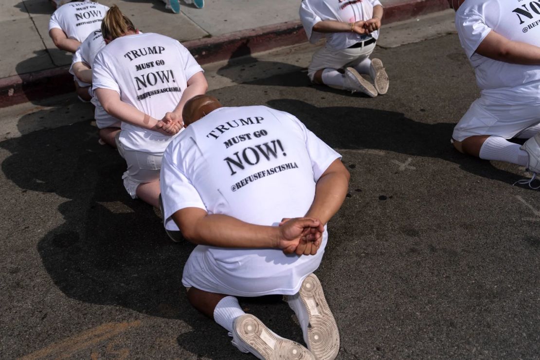 A human art installation depicting detained immigrants, outside the federal building in Los Angeles, on July 17.