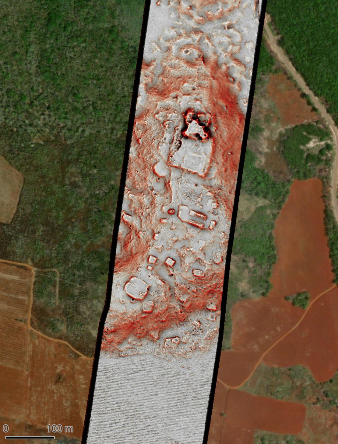 LiDAR survey data reveals ancient Mayan buildings clustered atop a hill (inset, center), while a satellite image (far left and right) shows modern agriculture and road construction continuing in the valleys below.