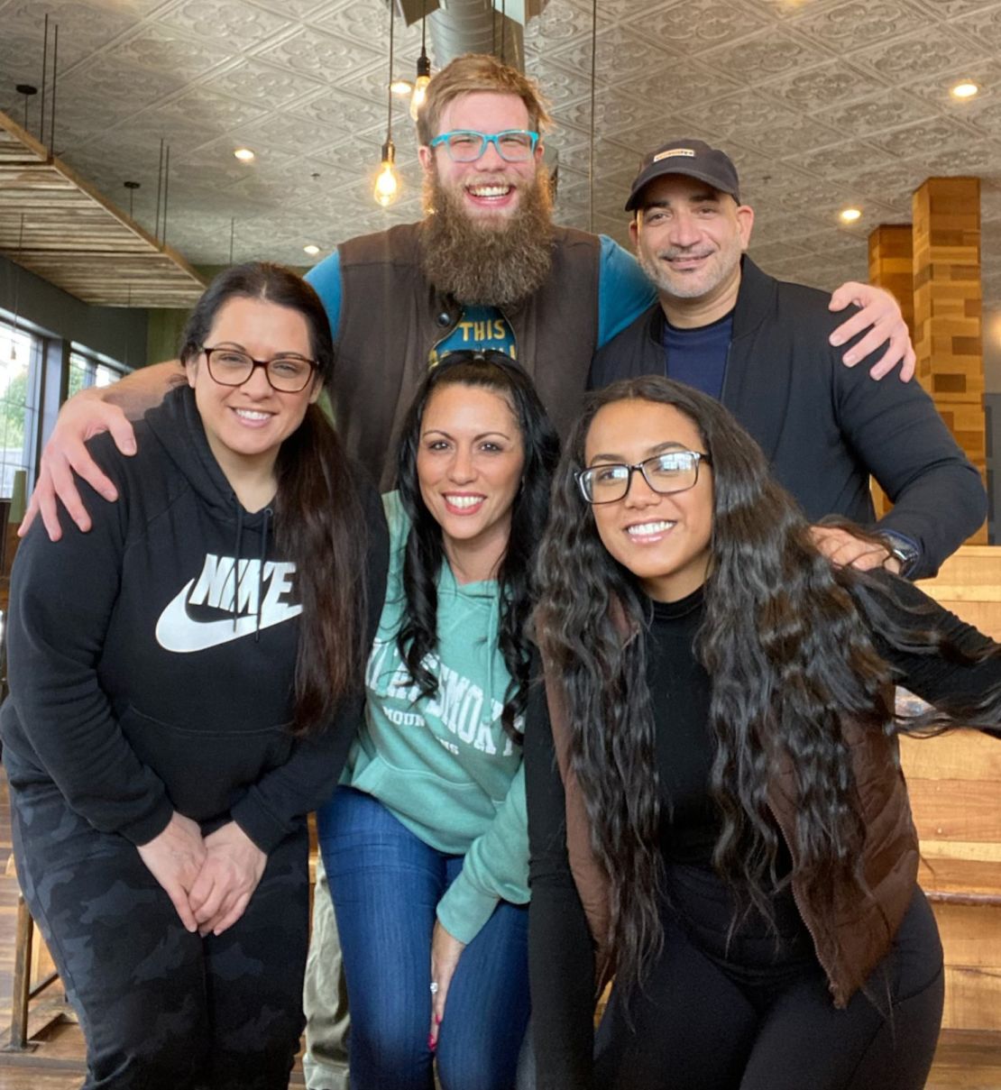 Many of the stranded strangers became good friends. Pictured here: Renee, Laura, Alanah, Seth and Carlos.