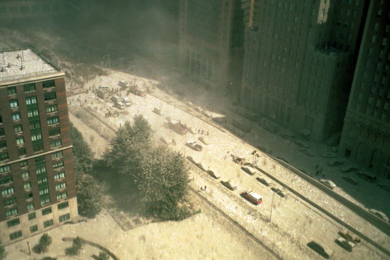 Every surface is blanketed in dust and debris shortly after the collapse of the towers.