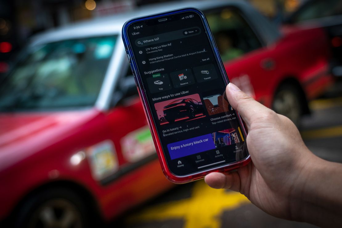 A Uber app is seen on a mobile phone in Hong Kong, China, on May 24, 2024.