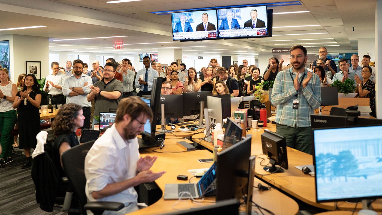 The Wall Street Journal editors and reporters listen to Emma Tucker speak about Evan Gershkovich’s release. The Wall Street Journal reporter Evan Gershkovich was released into U.S. custody after a prisoner swap with Russia on August 1, 2024. (Chase Gaewski/WSJ)