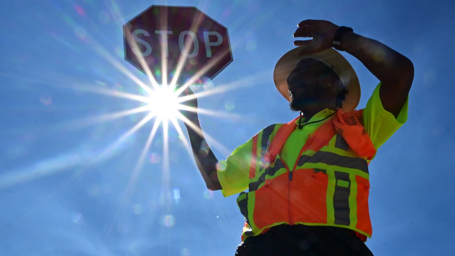 A traffic warden in Las Vegas, Nevada on July 12, 2023, where temperatures reached 106 degrees amid a heatwave