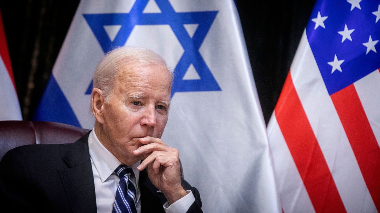 US President Joe Biden joins Israel's Prime Minister for the start of the Israeli war cabinet meeting, in Tel Aviv on October 18, 2023, amid the ongoing battles between Israel and the Palestinian group Hamas. US President Joe Biden landed in Tel Aviv on October 18, 2023 as Middle East anger flared after hundreds were killed when a rocket struck a hospital in war-torn Gaza, with Israel and the Palestinians quick to trade blame. (Photo by Miriam Alster / POOL / AFP) (Photo by MIRIAM ALSTER/POOL/AFP via Getty Images)