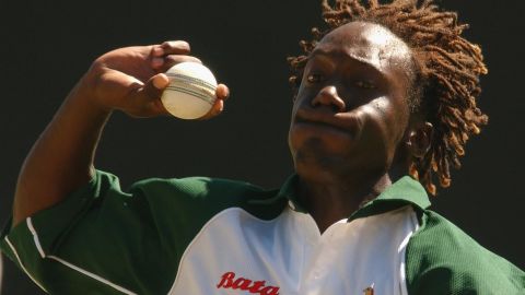 BLOEMFONTEIN - MARCH 7: Henry Olonga of Zimbabwe bowls during nets ahead of the Cricket World Cup Super Six match between New Zealand and Zimbabwe held at Goodyear Park in Bloemfontein, South Africa on March 7, 2003. (Photo by Nick Laham/Getty Images)