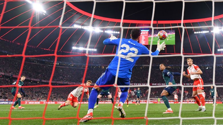 Joshua Kimmich scores Bayern Munich's winning goal in teh Champions League quarterfinal second leg match against Arsenal FC at Allianz Arena on April 17, 2024 in Munich, Germany.