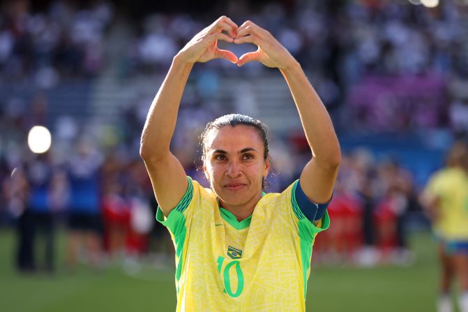 Brazilian soccer legend <a >Marta</a> acknowledges the fans after the game against the United States on August 10. This was her last major appearance for her country.