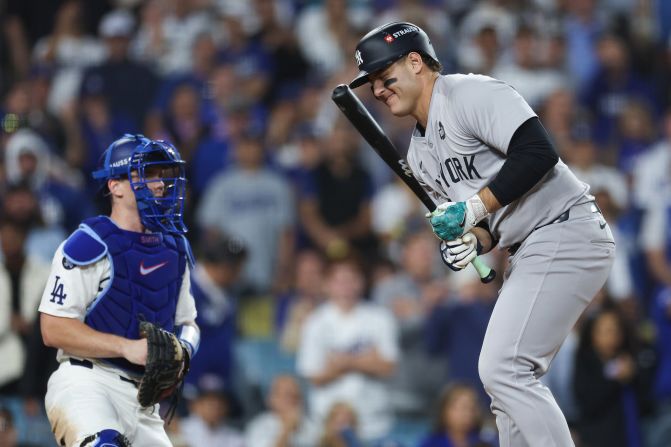 New York Yankees first baseman Anthony Rizzo reacts after being hit by a pitch in the ninth inning of Game 2.