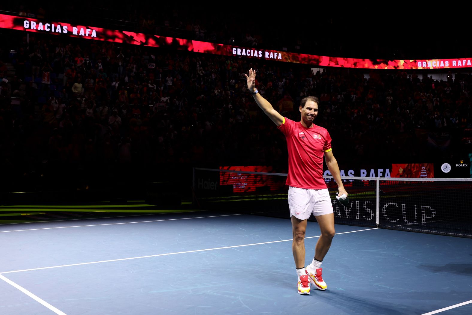 Tennis great Rafael Nadal acknowledges the crowd in Málaga, Spain, after he played <a href="index.php?page=&url=https%3A%2F%2Fwww.cnn.com%2F2024%2F11%2F19%2Fsport%2Frafael-nadal-botic-van-de-zandschulp-spt-intl%2Findex.html">the final match of his career</a> on Tuesday, November 19. Nadal, who announced last month that he was retiring from the sport, lost to the Netherlands' Botic van de Zandschulp in the Davis Cup quarterfinal. He won 22 grand slam singles titles during <a href="index.php?page=&url=https%3A%2F%2Fwww.cnn.com%2F2024%2F11%2F18%2Fsport%2Fgallery%2Frafael-nadal%2Findex.html">his career</a>, which is second-most among male players. Fourteen of those came at the French Open, a record that earned him the nickname the “King of Clay.”