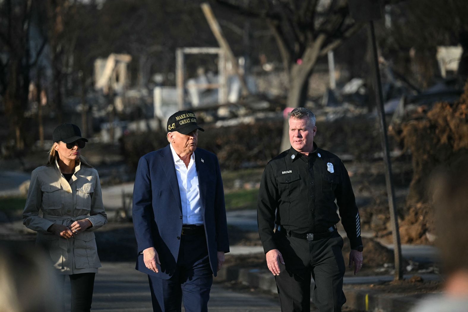 President Donald Trump and first lady Melania Trump tour a fire-affected area of Pacific Palisades on January 24.