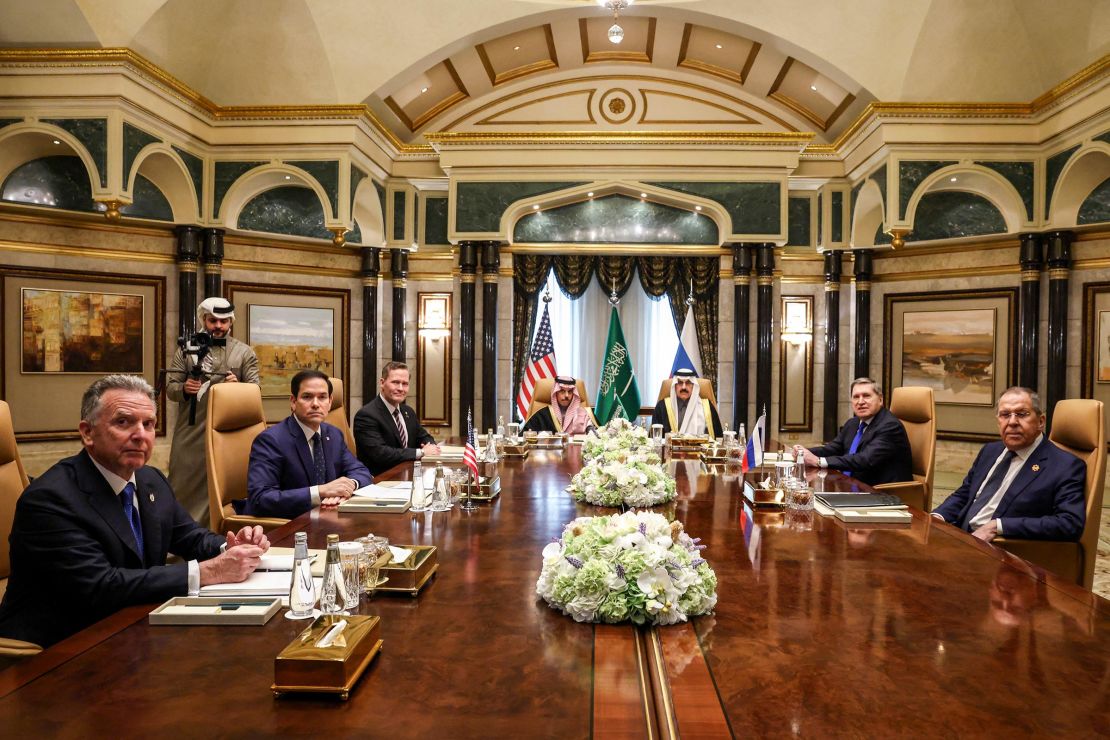 US Middle East envoy Steve Witkoff, Secretary of State Marco Rubio, National Security Advisor Mike Waltz, Saudi Arabia's Foreign Minister Prince Faisal bin Farhan al-Saud, National Security Advisor Mosaad bin Mohammad al-Aiban, the Russian president's foreign policy advisor Yuri Ushakov, and Russia's Foreign Minister Sergei Lavrov attend a meeting together at Riyadh's Diriyah Palace on February 18.