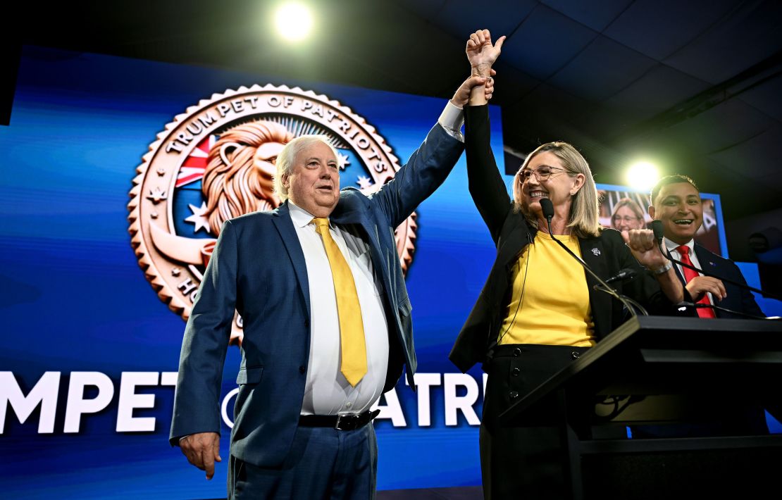 Businessman Clive Palmer and party leader Suellen Wrightson celebrate during the launch of the Trumpet of Patriots party on the Sunshine Coast, Australia, on April 19.
