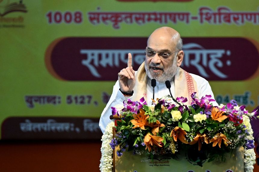 Home Minister Amit Shah addresses the closing ceremony of 1008 Sanskrit Sambhashan Shivirs, a campaign aiming to revive Sanskrit as a spoken language, in New Delhi, India, on May 4.