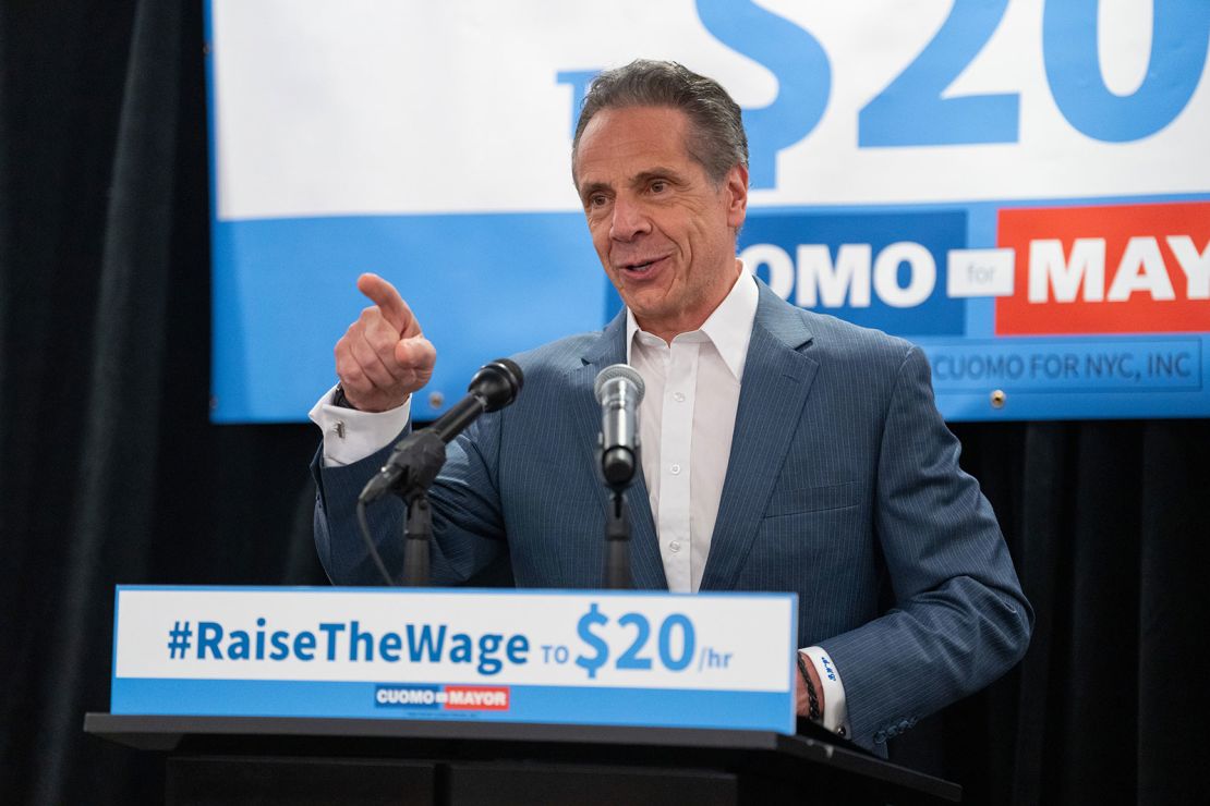Cuomo speaks during a campaign news conference and rally announcing his support for a $20 hourly minimum wage, on Wednesday, May 28, in New York.