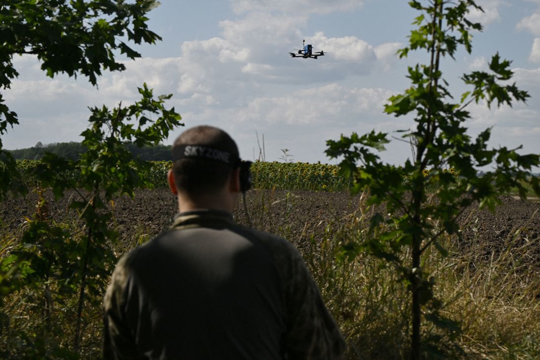 A Ukrainian serviceman controls a FPV drone during a training flight in an undisclosed location in eastern Ukraine on August 16.