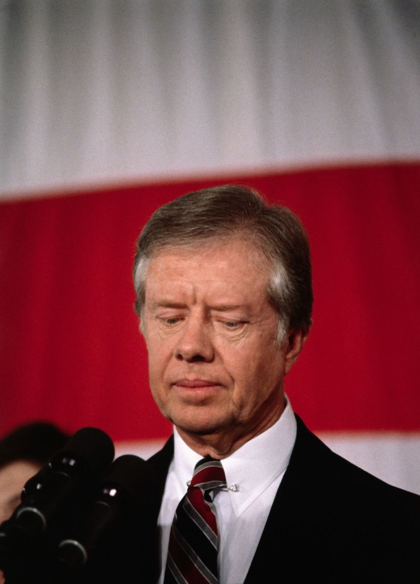 President Jimmy Carter concedes the 1980 presidential election to Ronald Reagan.
