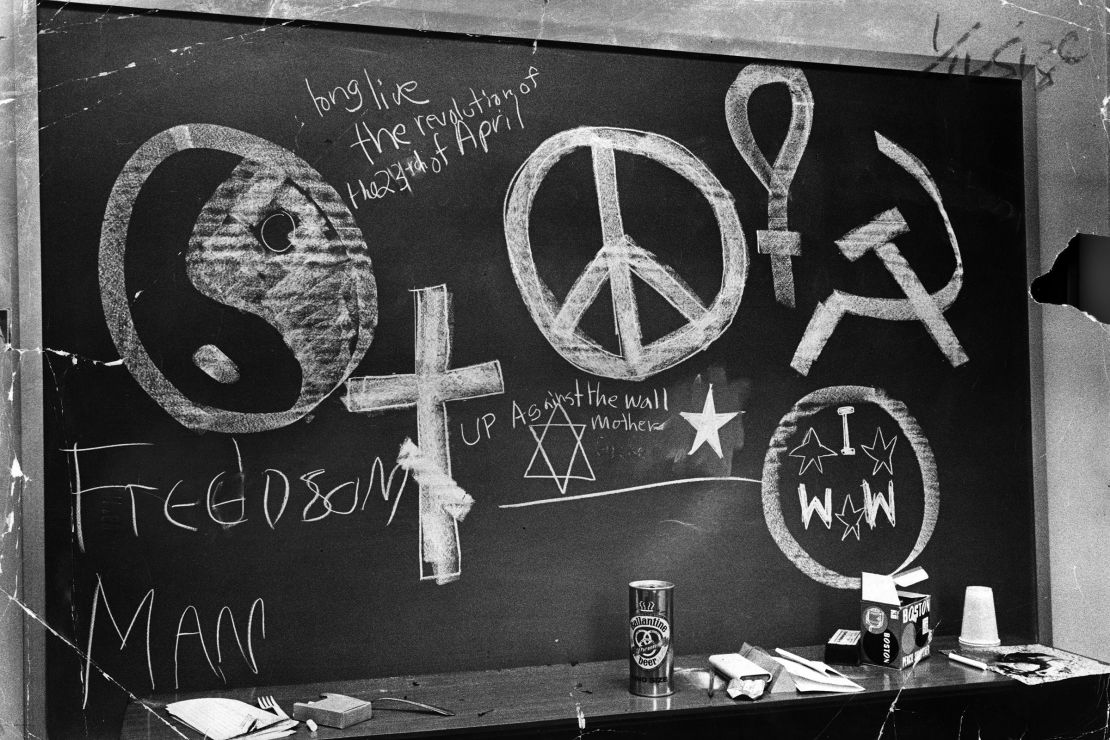 Graffiti on a blackboard at some point after protests began on April 23, 1968 at Columbia University in New York.