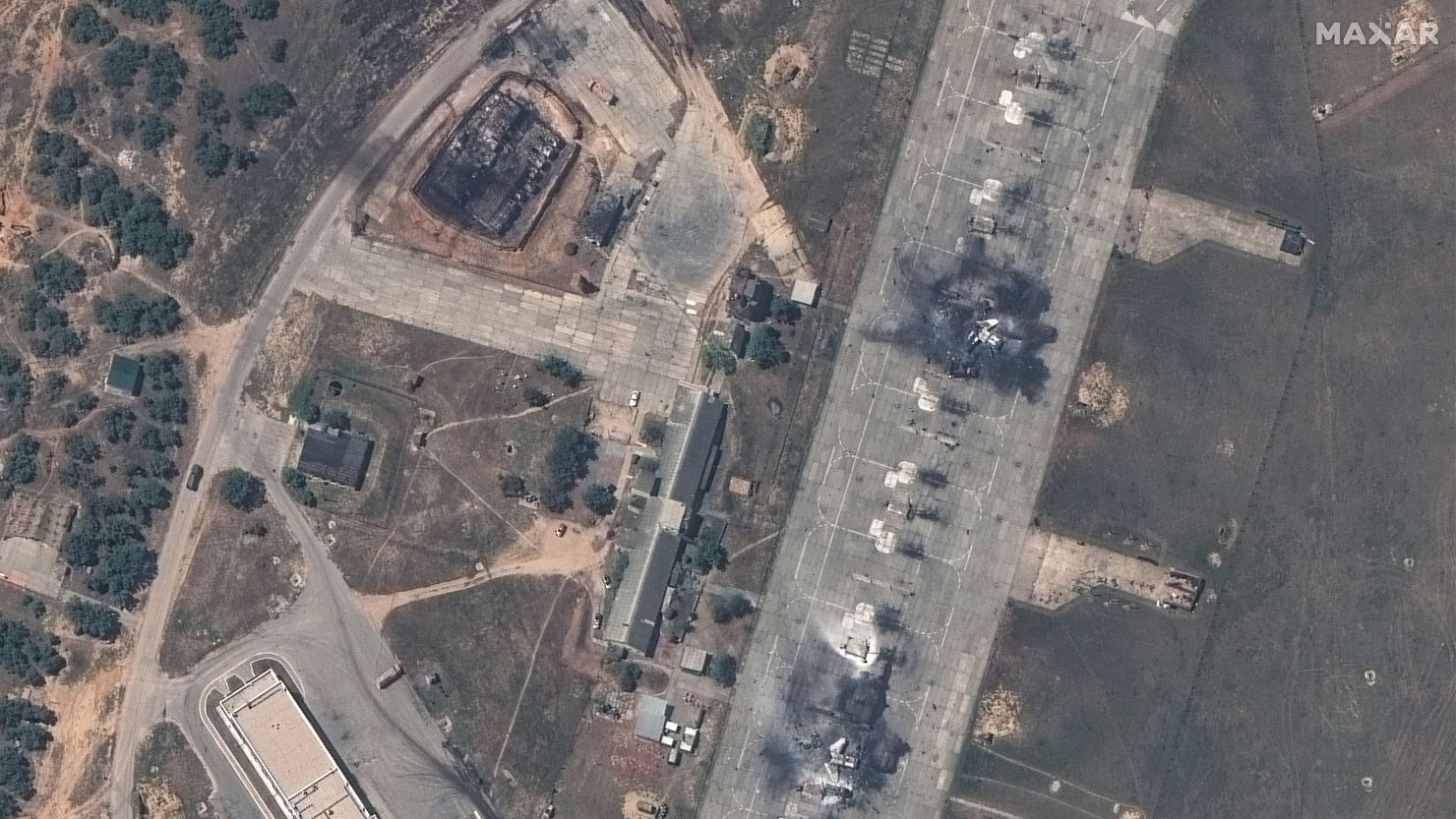 Satellite images exclusive to CNN show destroyed jets and building at Belbek Airbase in Crimea on May 15, 2024. 