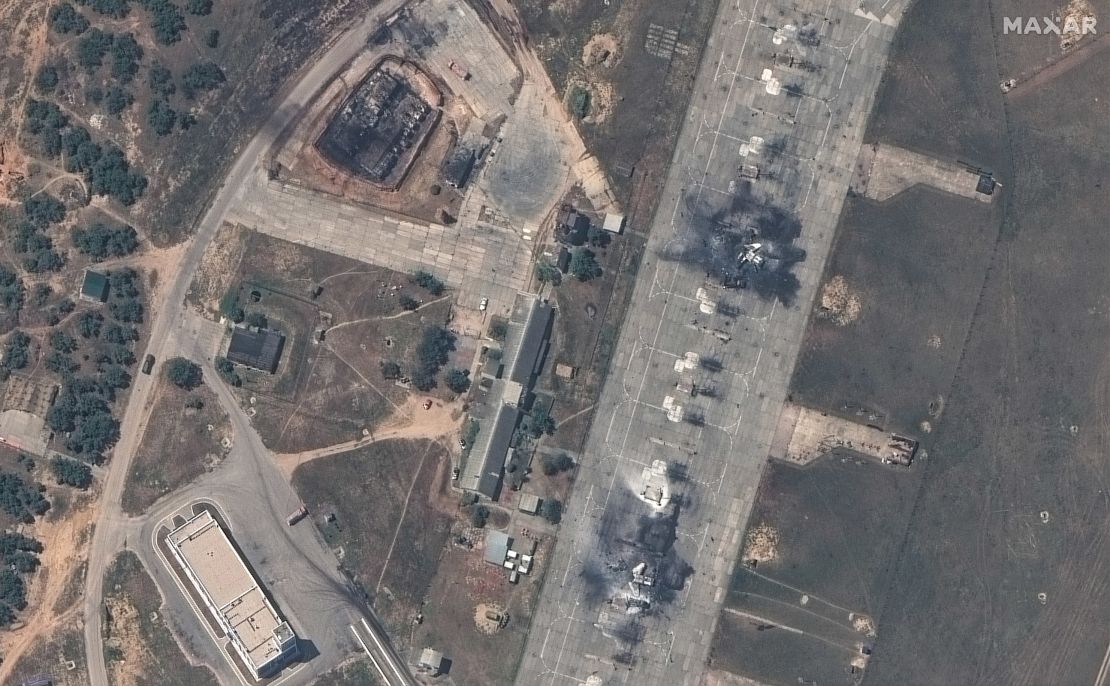 Satellite images show destroyed Russian jets at Belbek air base in occupied Crimea on May 15, 2024.