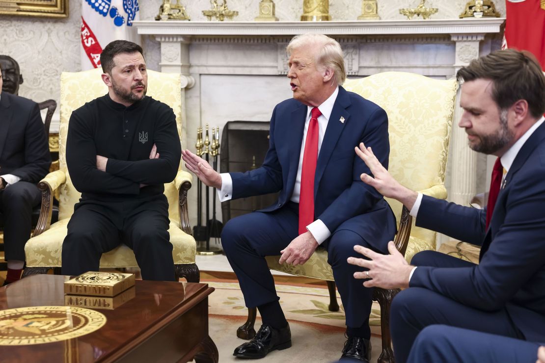 Ukrainian President Volodymyr Zelensky talks in front of cameras with President Trump and Vice President JD Vance in the Oval Office on February 28.