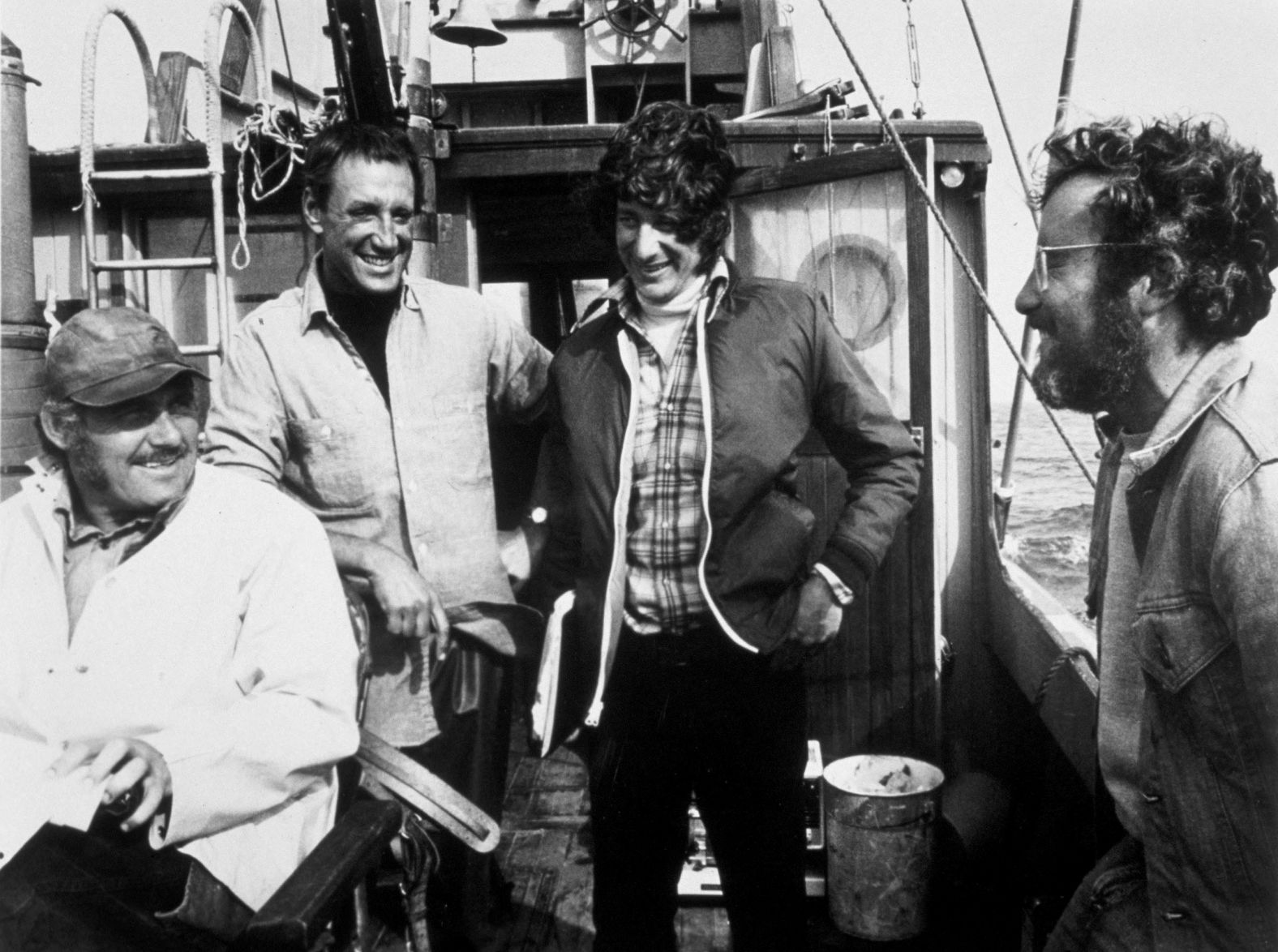 From left, Robert Shaw, Roy Scheider, Spielberg and Richard Dreyfuss share a moment of levity while filming on the open water, shortly before the actors' characters face off with the shark.