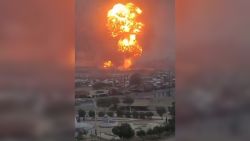 This screen grab from a video posted on social media shows Israeli strikes in Hodeidah, Yemen, on September 29.