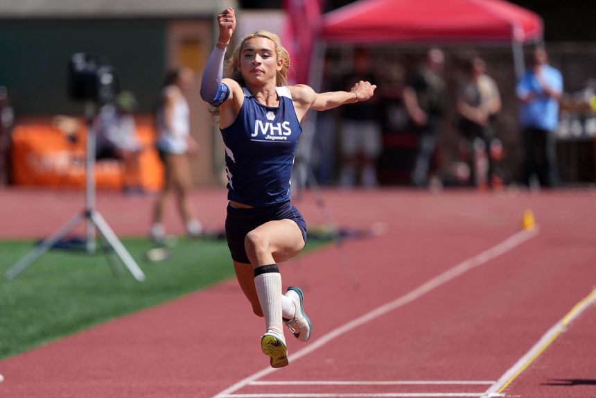 A.B. Hernandez of Jurupa Valley wins the girls triple jump at 40-4 3/4 (12.31m) during the CIF Southern Section Masters Meet.