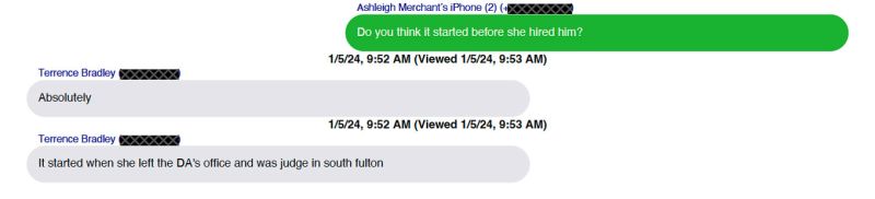 This text message shows Terrence Bradley communicating with Ashleigh Merchant in January 2024.