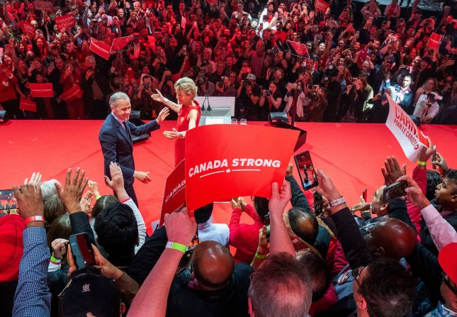 Canadian Prime Minister Mark Carney and his wife, Diana Fox Carney, react at his campaign headquarters in Ottawa on Tuesday, April 29. Carney declared victory in <a  target="_top" href="/newspapers?url=https://www.cnn.com/2025/04/20/americas/canada-election-carney-poilievre-intl-latam/index.html">federal elections</a> early Tuesday following a campaign <a  target="_top" href="/newspapers?url=https://www.cnn.com/2025/04/28/americas/canada-election-carney-poilievre-vote-latam-intl/index.html">overshadowed</a> by relentless provocations and steep trade tariffs imposed by US President Donald Trump.