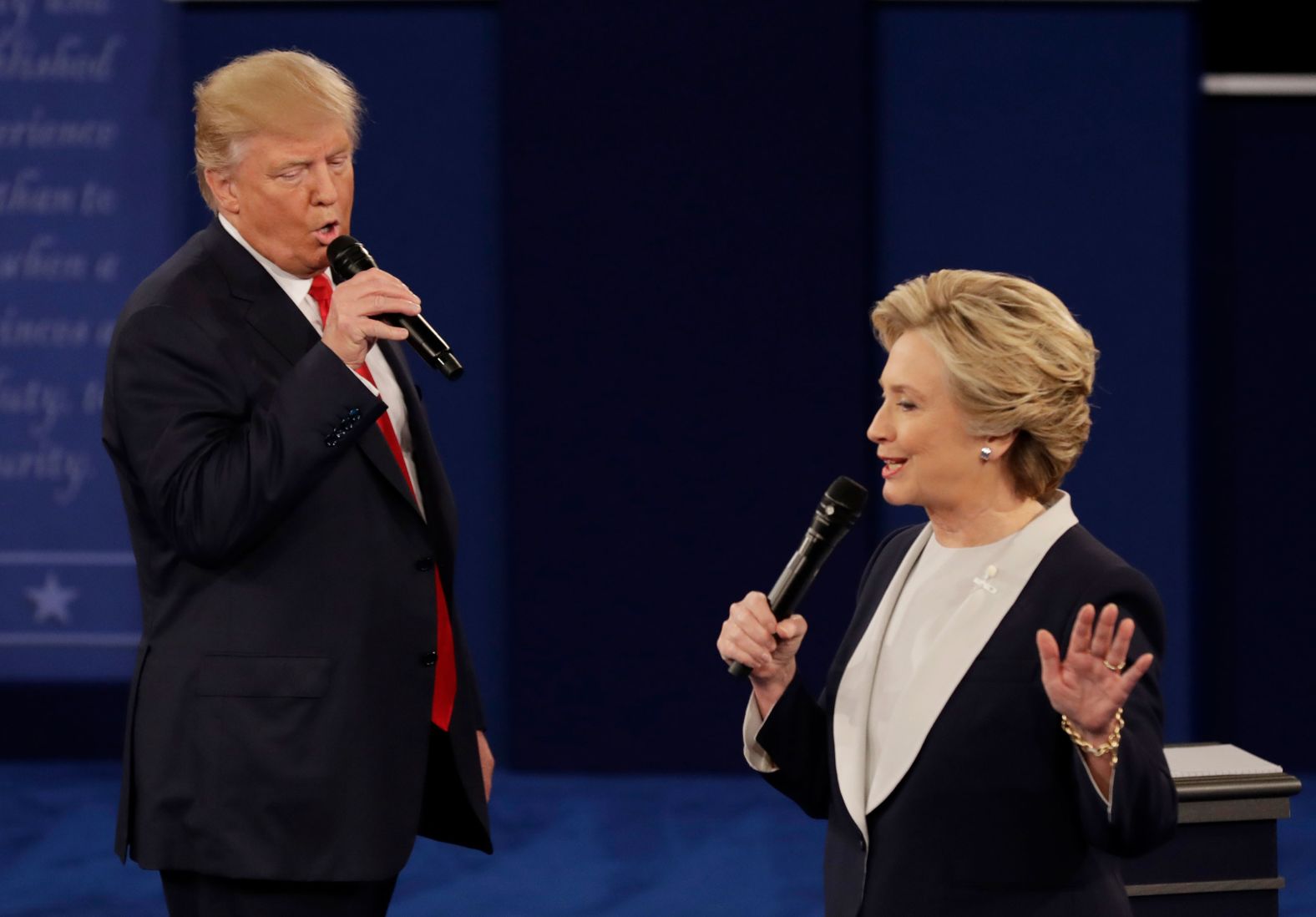 Trump and Clinton take part in their second presidential debate in 2016.