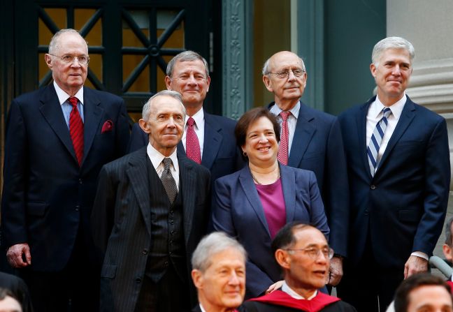Souter, second from left, stands with members of the Supreme Court before a procession marking Harvard Law School's bicentennial in 2017. Standing with him, from left, are Anthony Kennedy, John Roberts, Elena Kagan, Stephen Breyer and Neil Gorsuch.