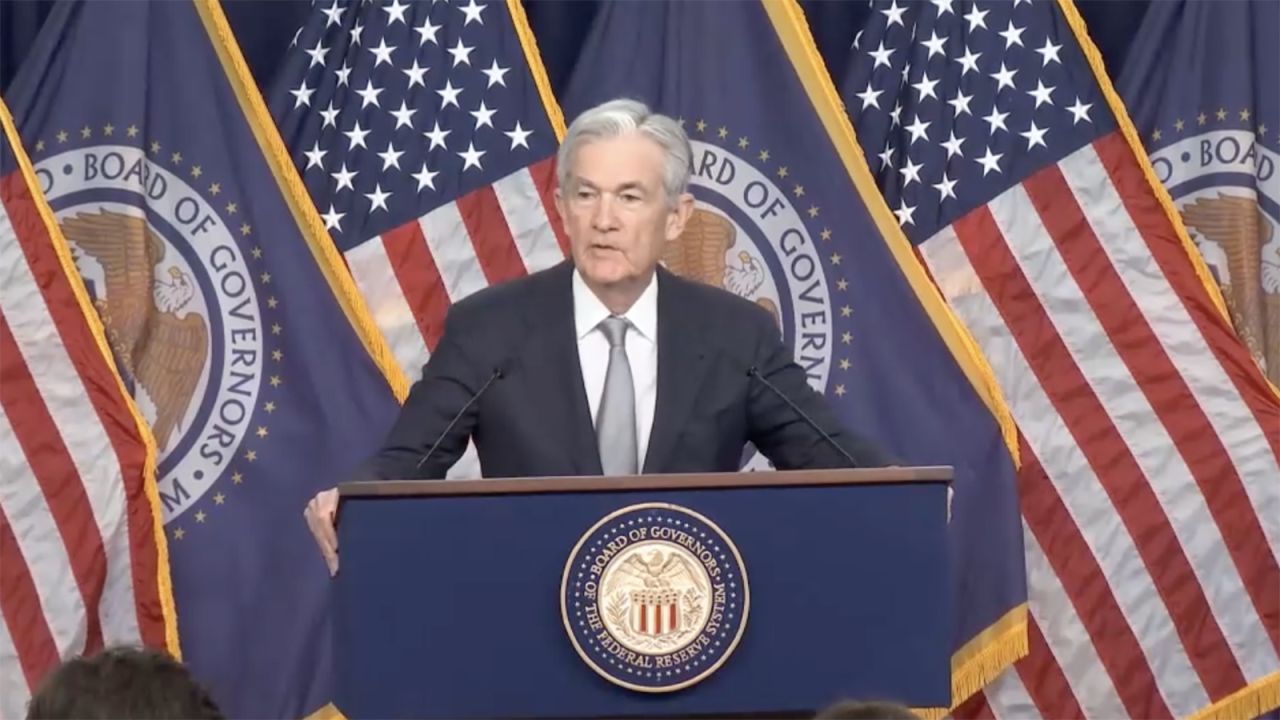 Federal Reserve Board Chairman Jerome Powell speaking during a press conference today in Washington, DC.