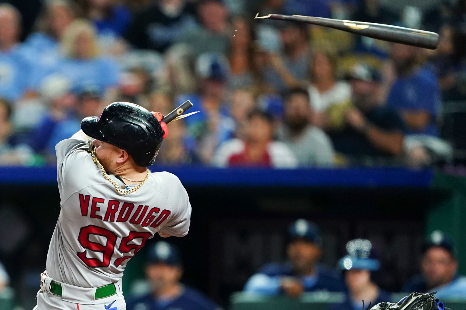 The bat of Boston Red Sox outfielder Alex Verdugo breaks during a Major League Baseball game in Kansas City, Missouri, on Friday, September 1.