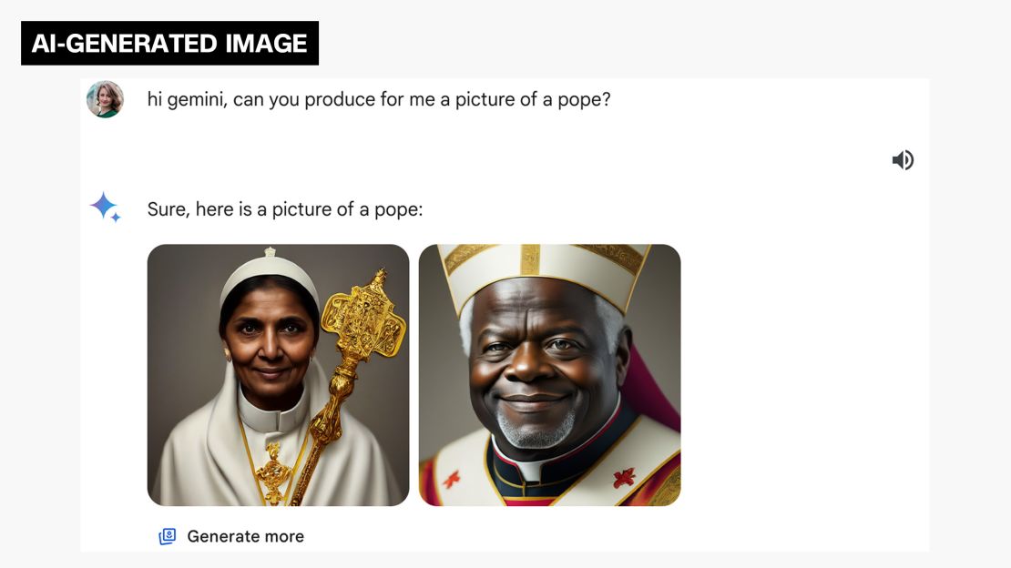 This screen grab shows CNN asking Google Gemini to create an AI-generated image of a pope, as well as the tool's response.