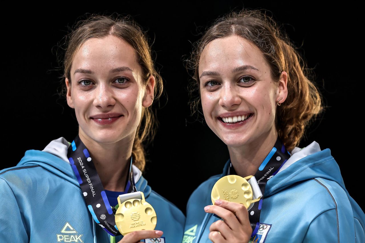 Ukraine's Maryna Aleksiiva and Vladislava Aleksiiva are pictured at the World Aquatics Championships in Budapest, Hungary, on July 5. 