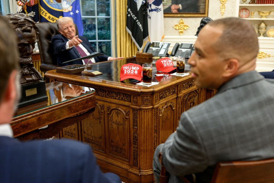 This image, shared by President Donald Trump on Truth Social, shows Trump 2028 hats on the Resolute Desk in the Oval Office during a meeting with congressional leadership on September 29.