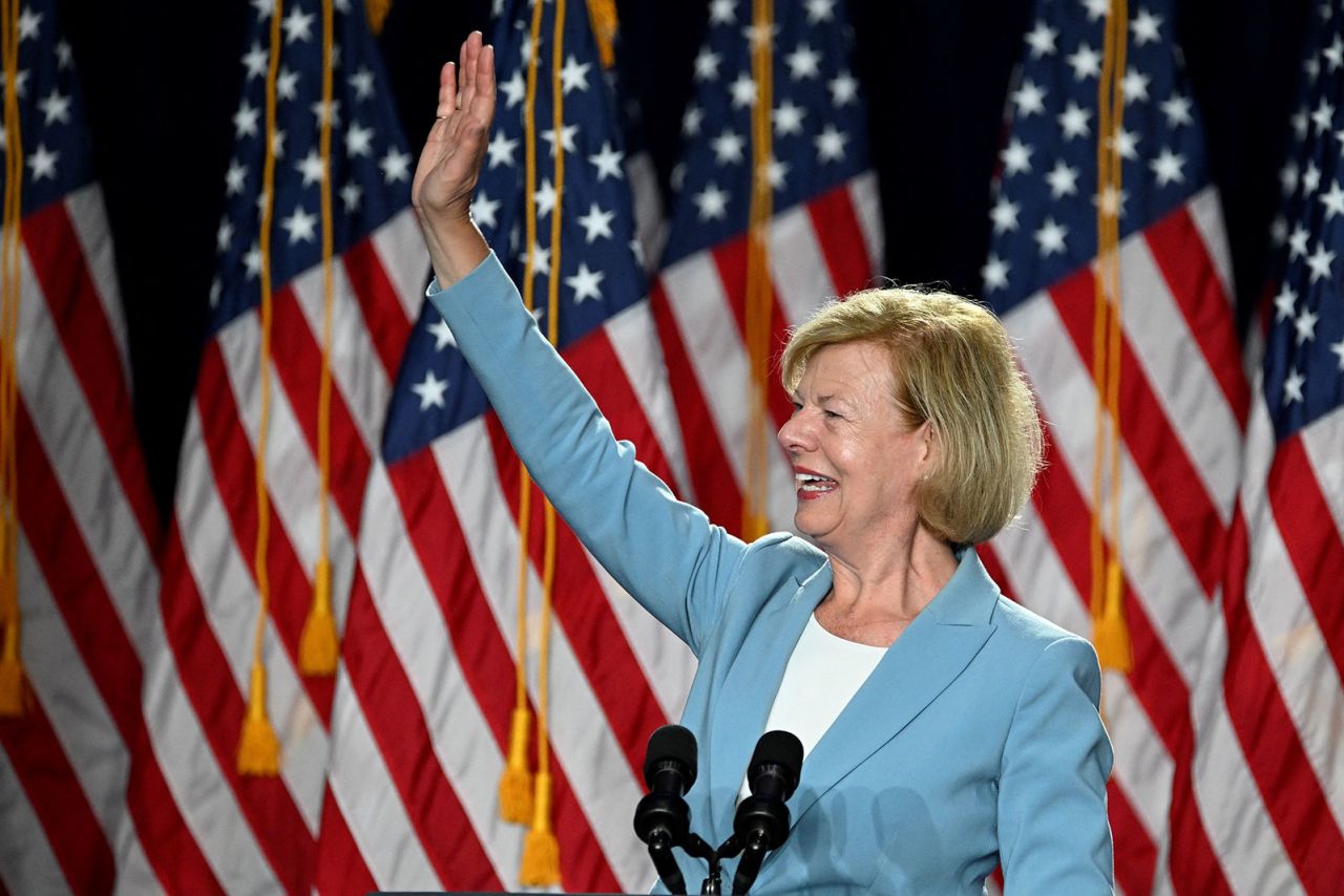 Sen. Tammy Baldwin  gestures during a campaign event in Milwaukee on Tuesday, July 23