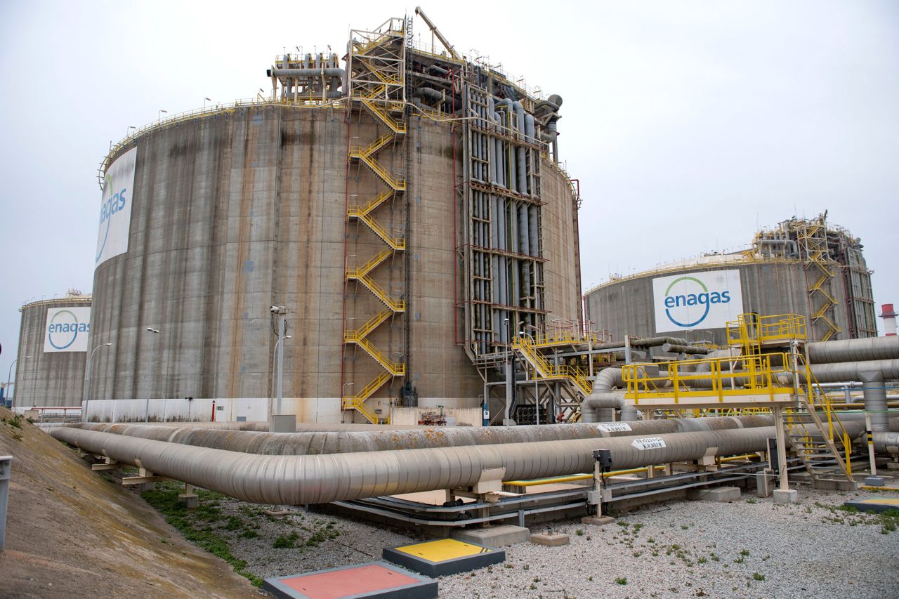 A gas storage container at the Barcelona's Enagas regasification plant, located at the Muelle de la Energia in the port of Barcelona, Spain, on March 29, 2022.