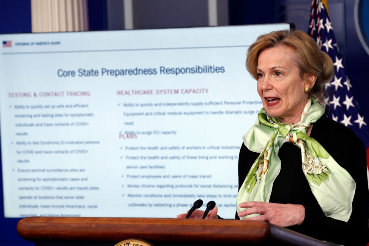 Dr. Deborah Birx, White House coronavirus response coordinator, speaks about the coronavirus in the James Brady Press Briefing Room of the White House, on Thursday, April 16, in Washington.